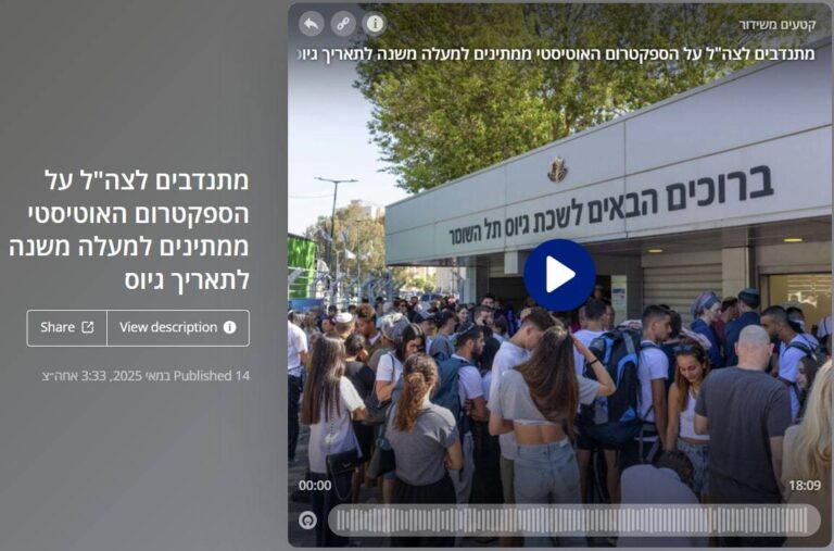 קהל אנשים מחכים מחוץ ללשכת גיוס. שלט ברוכים הבאים ללשכת גיוס תל השומר מעליהם.